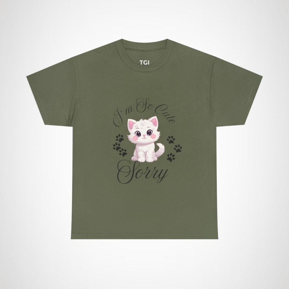 Charming graphic tee featuring an adorable white cat for cat lovers Military Green colour