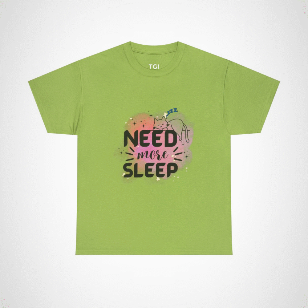 Need More Sleep Cat T-Shirt featuring a snoozing cat design Kiwi colour