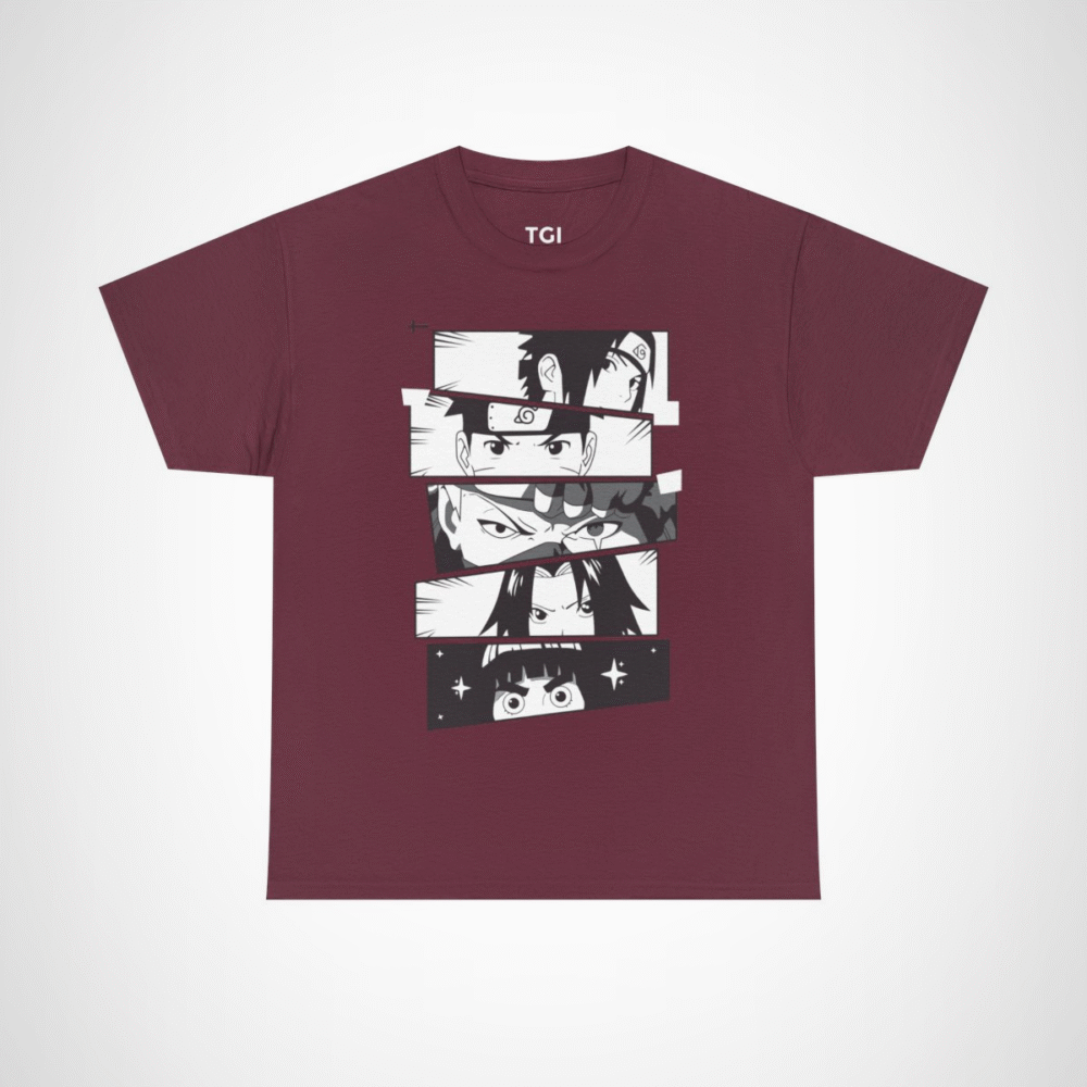 Vibrant anime faces collage on cotton t-shirt Maroon colour