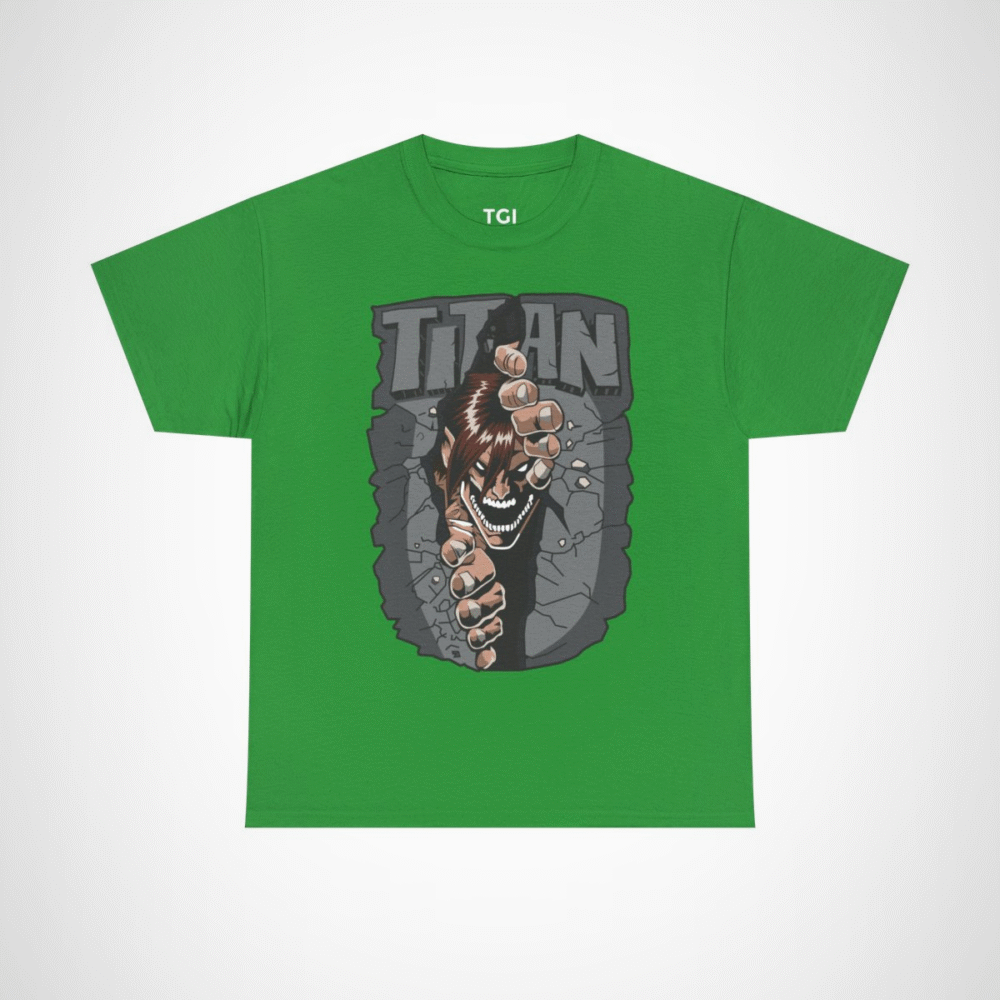 Epic Titan Breaking Through T-Shirt featuring a dramatic Titan design Irish Green colour