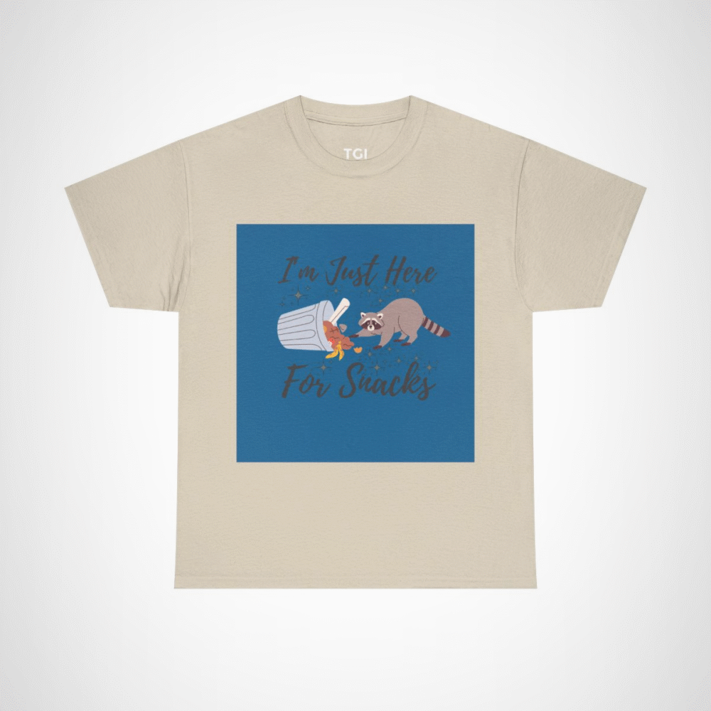Adorable raccoon design on I'm Just Here for Snacks t-shirt Sand colour