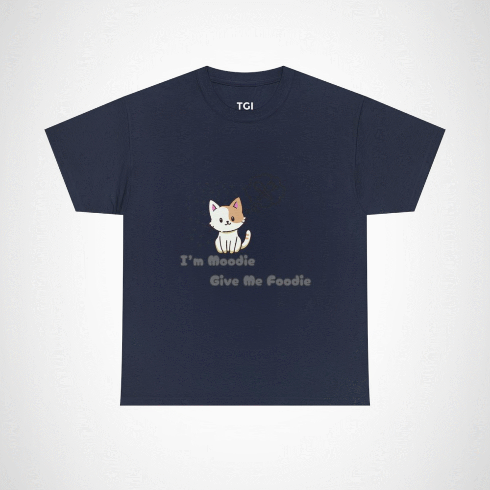 Cute 'I'm Moodie, Give Me Foodie' cat t-shirt for pet lovers, showcasing a playful design and soft fabric Navy colour