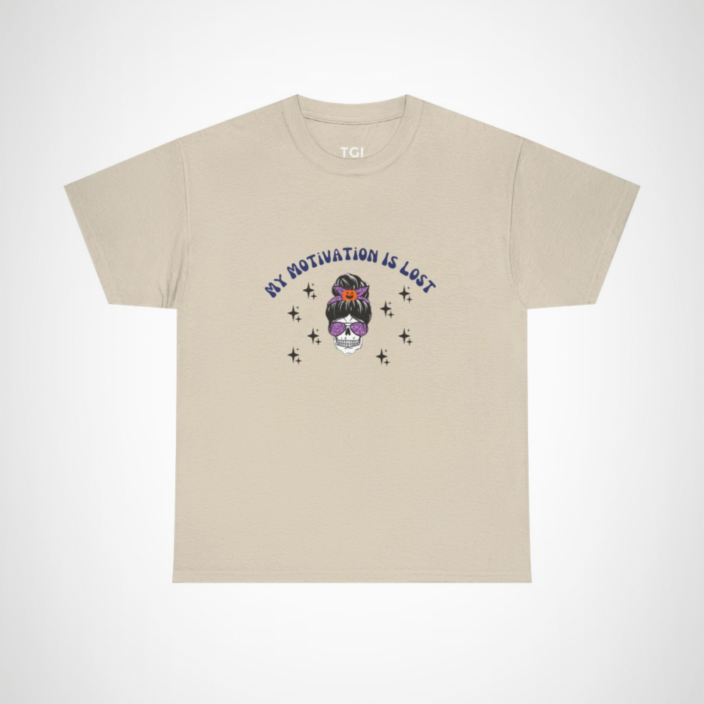 Skull Princess T-Shirt with the phrase My Motivation is Lost Sand colour