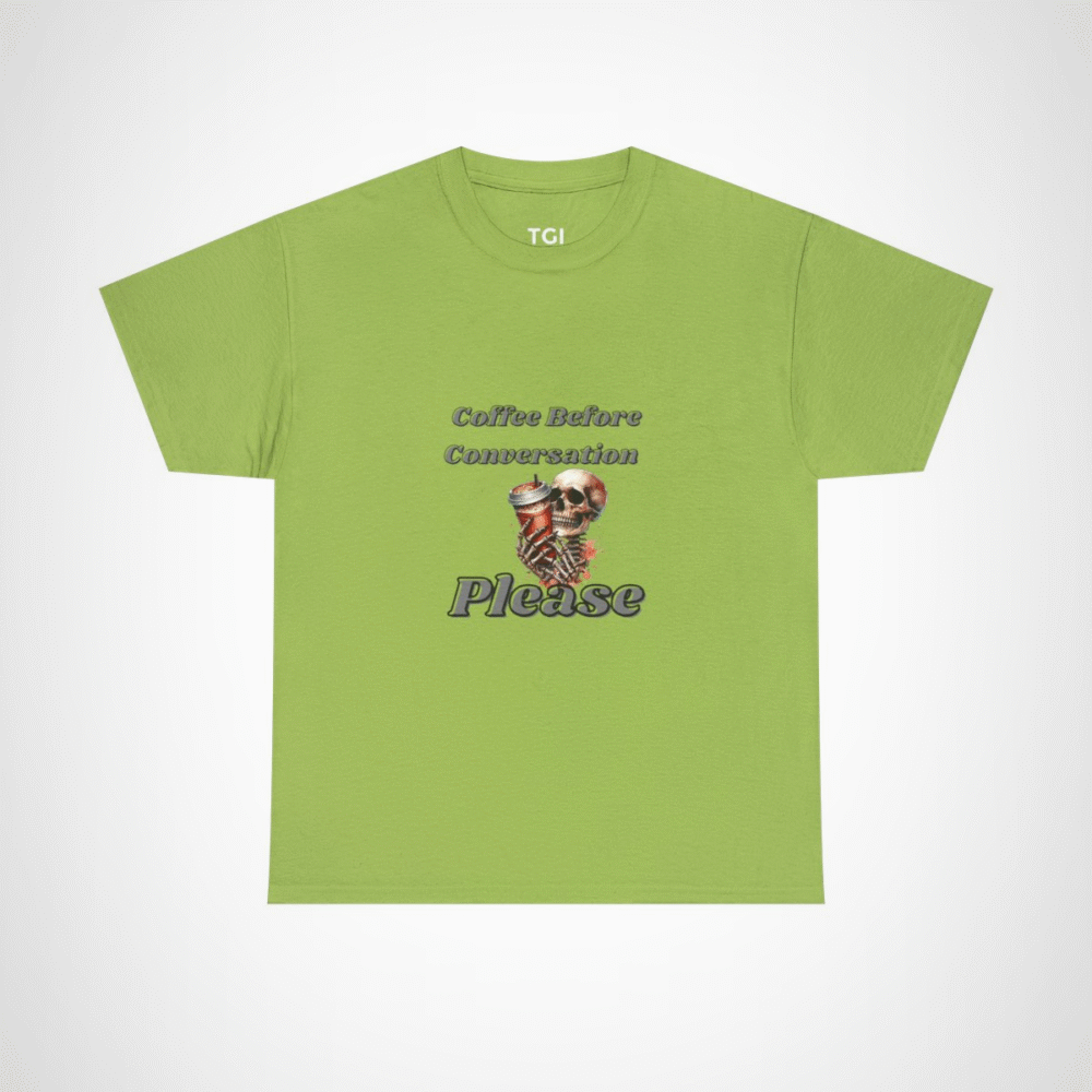 Skull design holding a coffee cup on a t-shirt for coffee lovers Kiwi colour