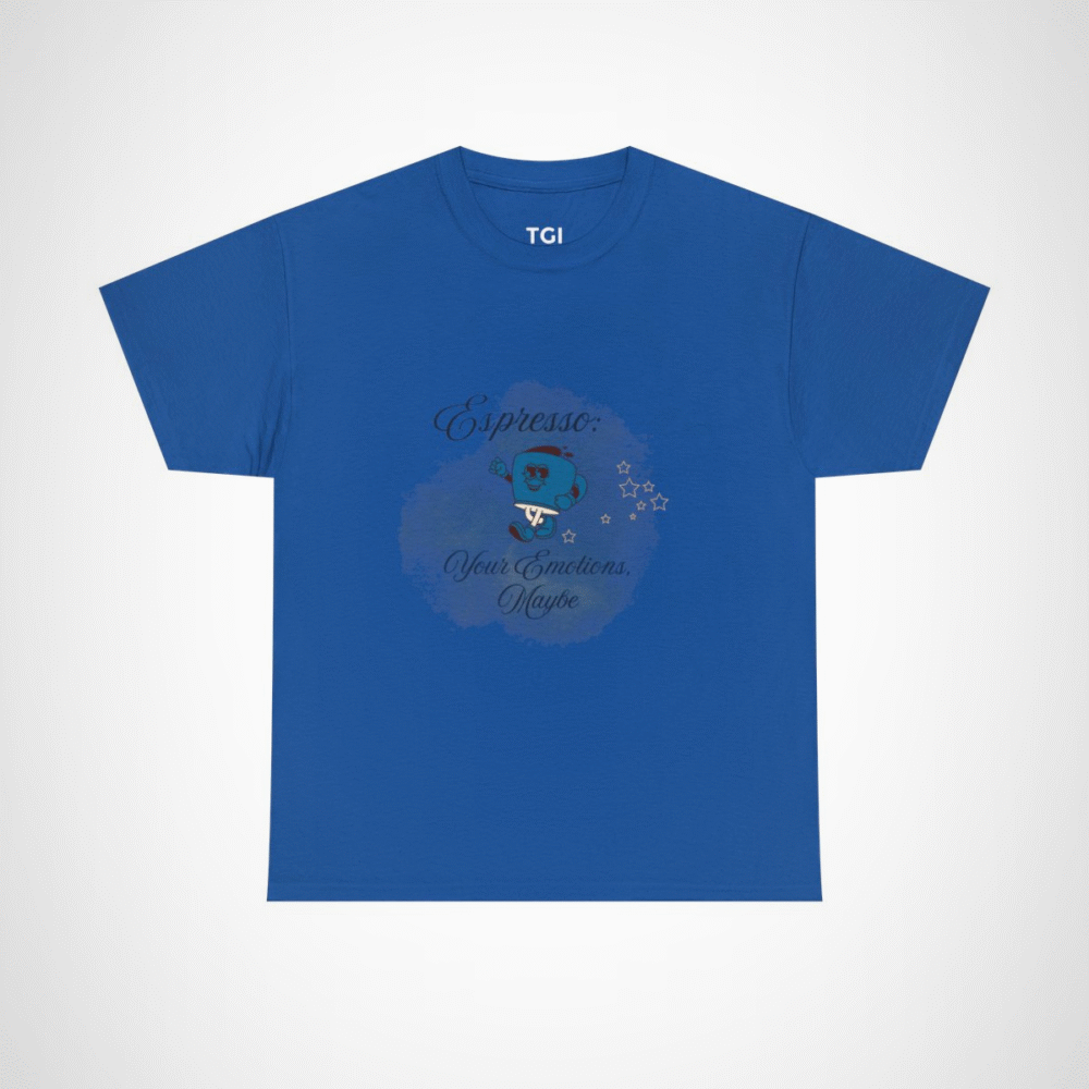 Cartoon coffee cup design on a t-shirt for coffee lovers Royal colour