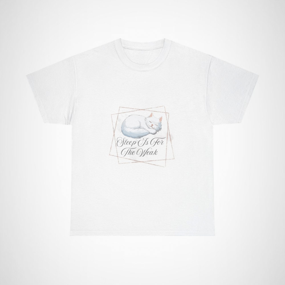 Cute cat sleeping on a t-shirt with the phrase 'Sleep Is For The Weak' for cat lovers White colour