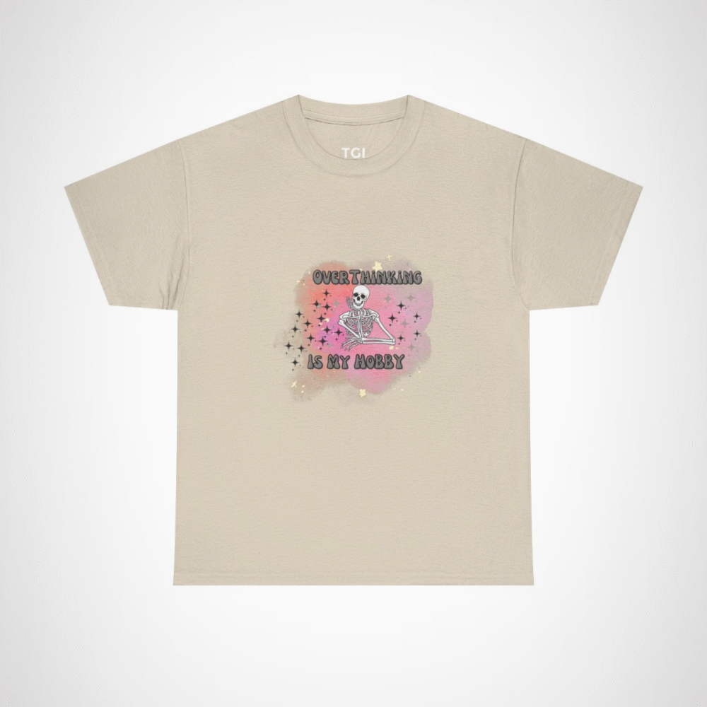 Funny 'Overthinking Is My Hobby' Skeleton T-Shirt for casual wear Sand colour