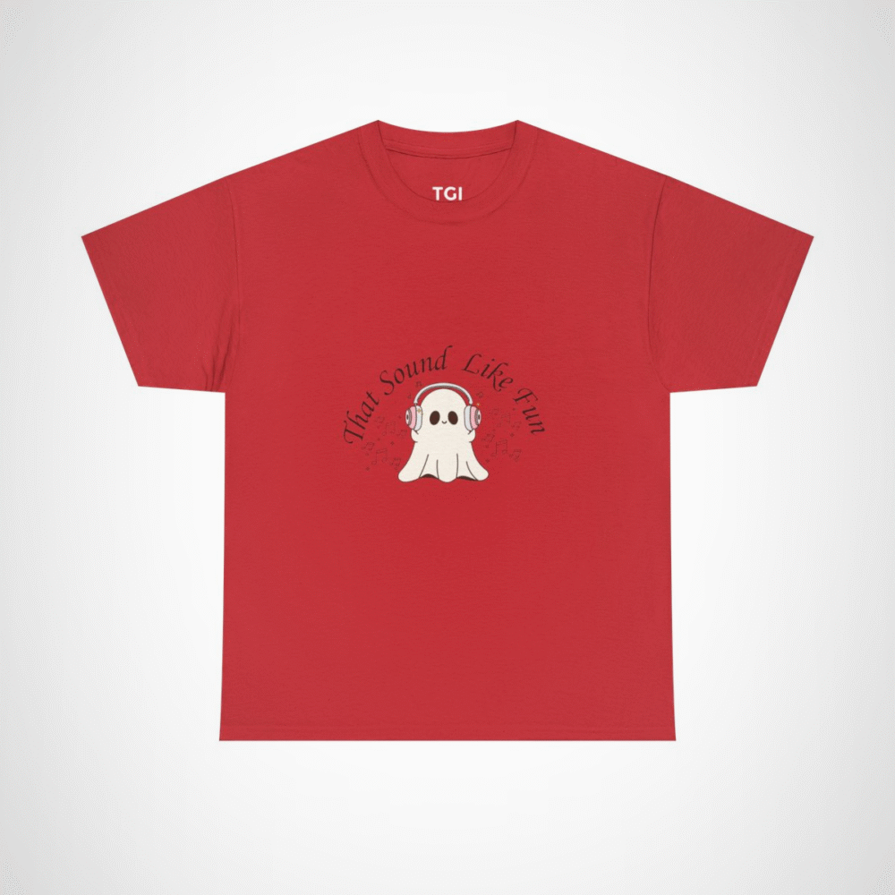 Cute Ghost with Headphones t-shirt design for Halloween and music lovers Red colour