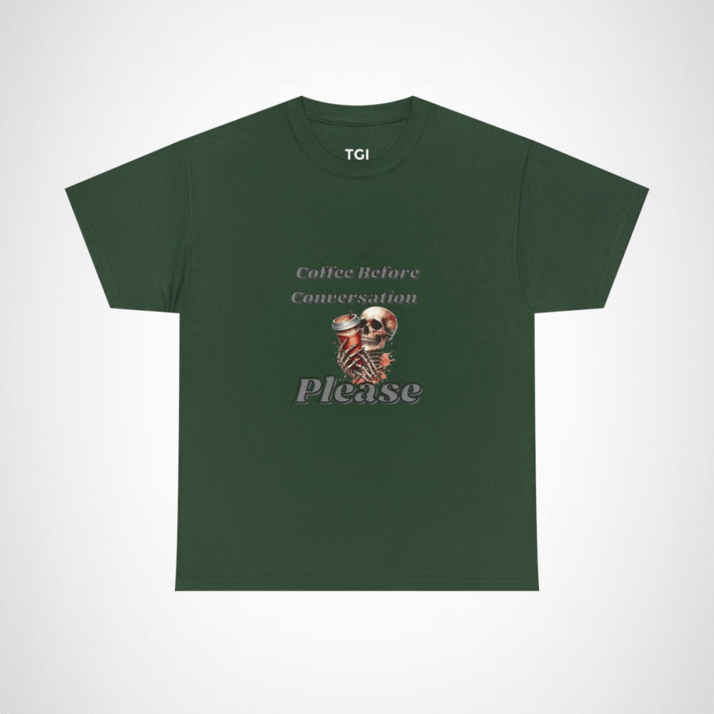Skull design holding a coffee cup on a t-shirt for coffee lovers Forest Green colour