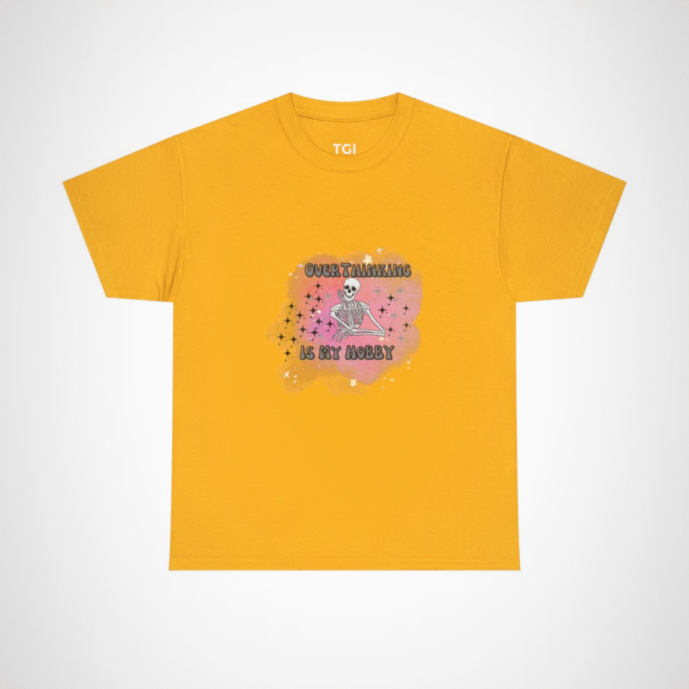 Funny 'Overthinking Is My Hobby' Skeleton T-Shirt for casual wear Gold colour