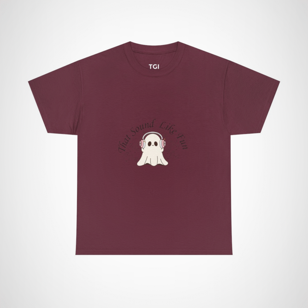 Cute Ghost with Headphones t-shirt design for Halloween and music lovers Maroon colour