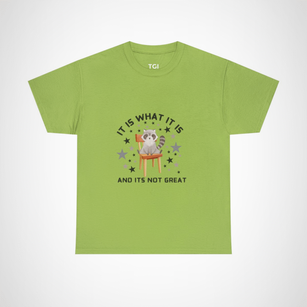 Cute raccoon t-shirt with whimsical design for animal lovers Kiwi colour