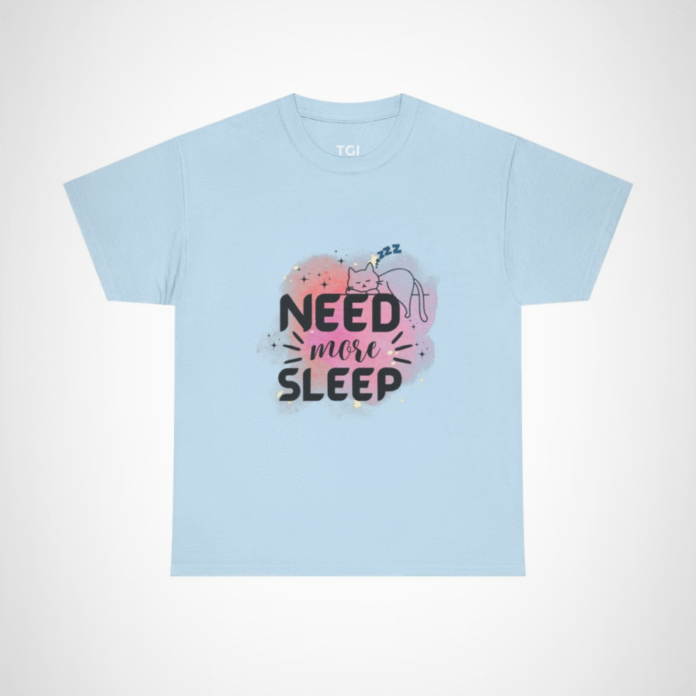 Need More Sleep Cat T-Shirt featuring a snoozing cat design Light Blue colour