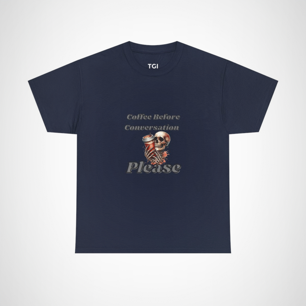 Skull design holding a coffee cup on a t-shirt for coffee lovers Navy colour
