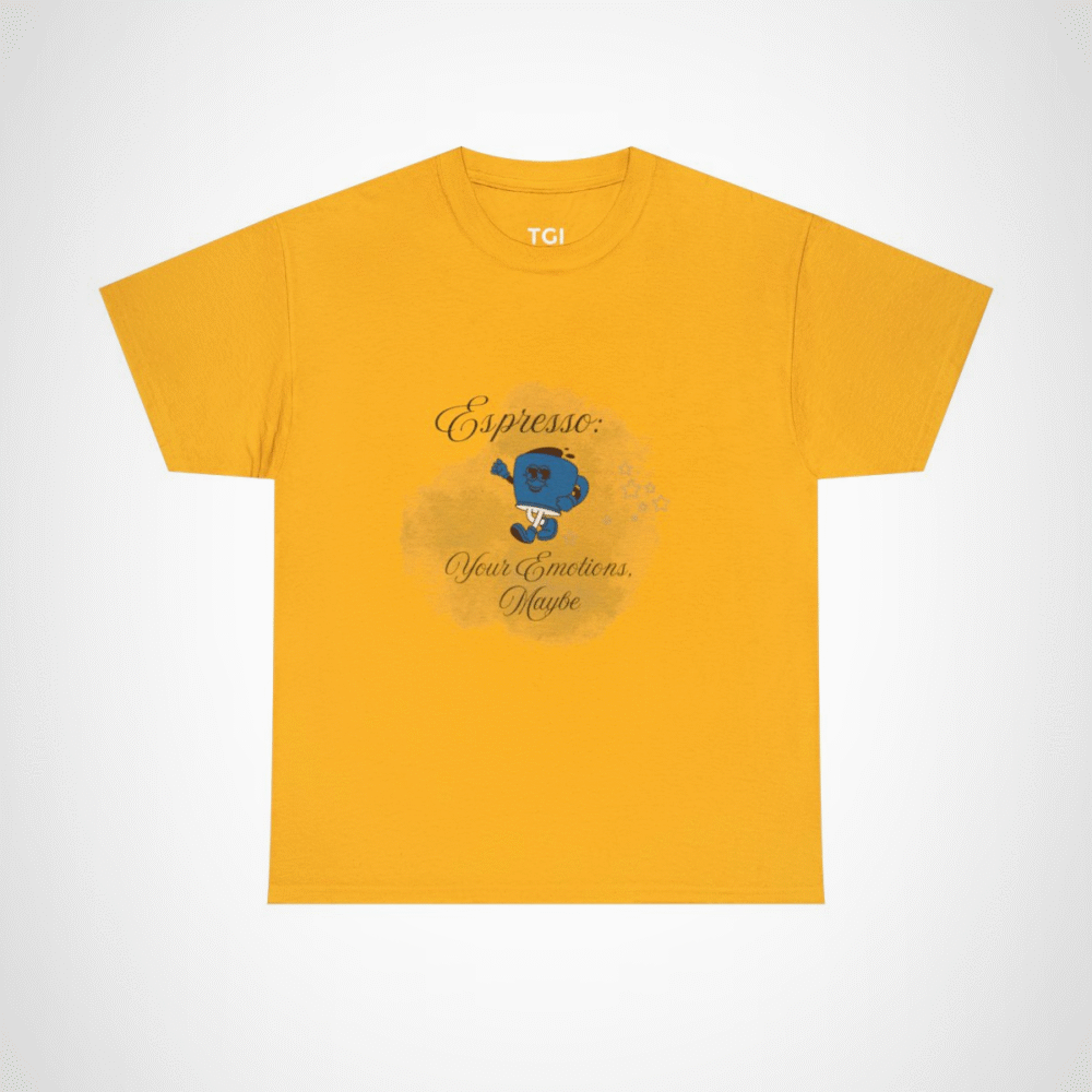 Cartoon coffee cup design on a t-shirt for coffee lovers Gold colour