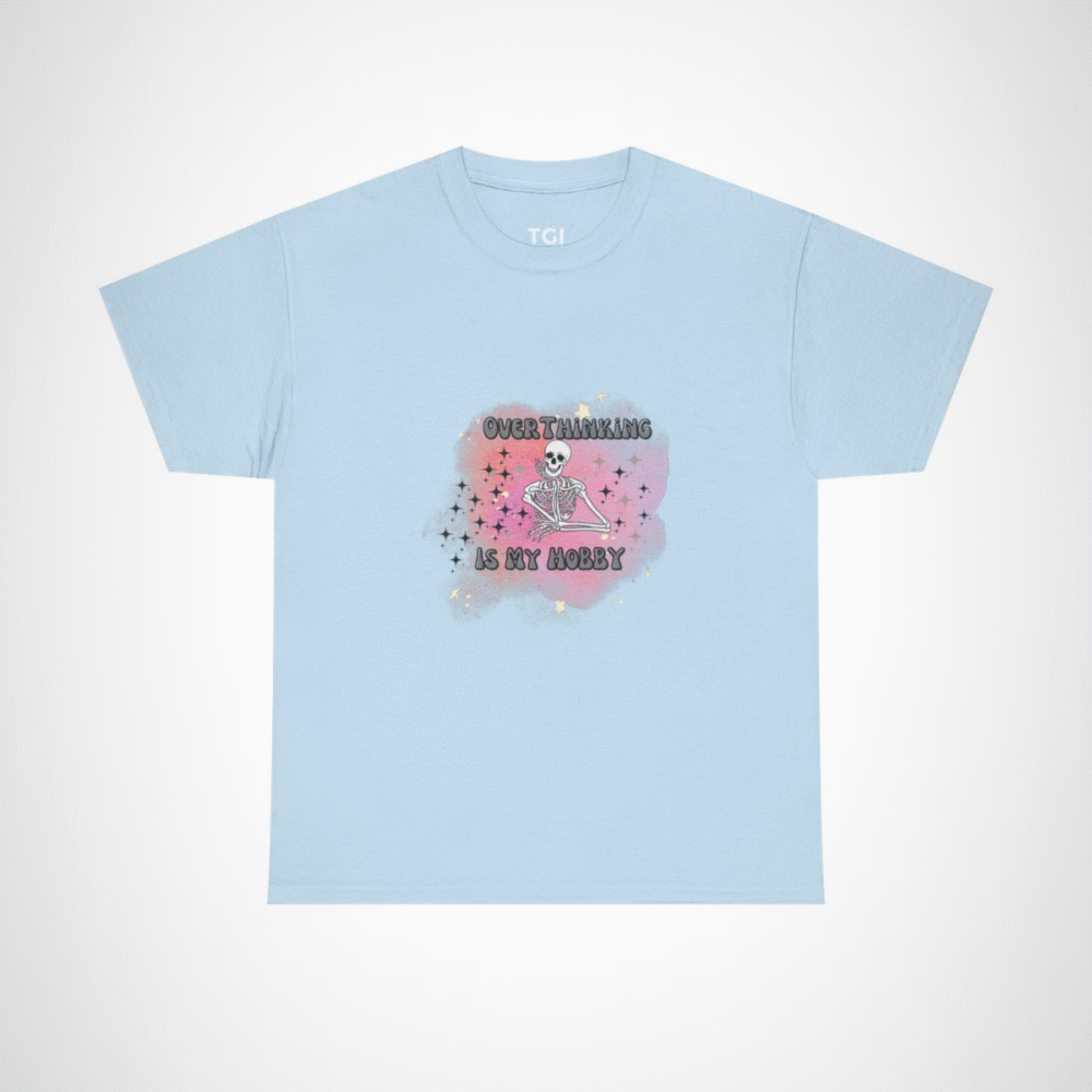 Funny 'Overthinking Is My Hobby' Skeleton T-Shirt for casual wear Light Blue colour
