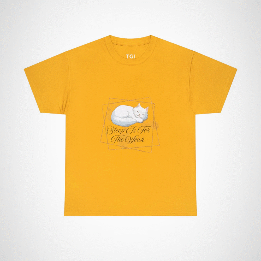 Cute cat sleeping on a t-shirt with the phrase 'Sleep Is For The Weak' for cat lovers Gold colour