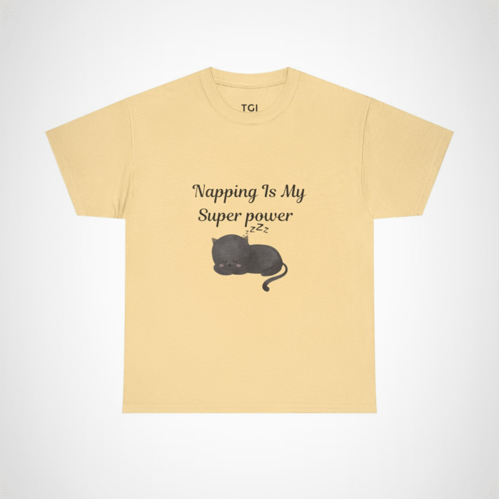 Illustration of a sleeping black cat on a t-shirt for cat lovers Yellow Haze colour