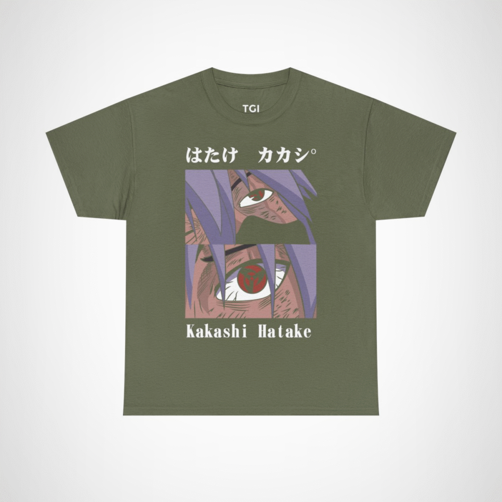 Kakashi Hatake graphic t-shirt featuring iconic character design Military Green colour