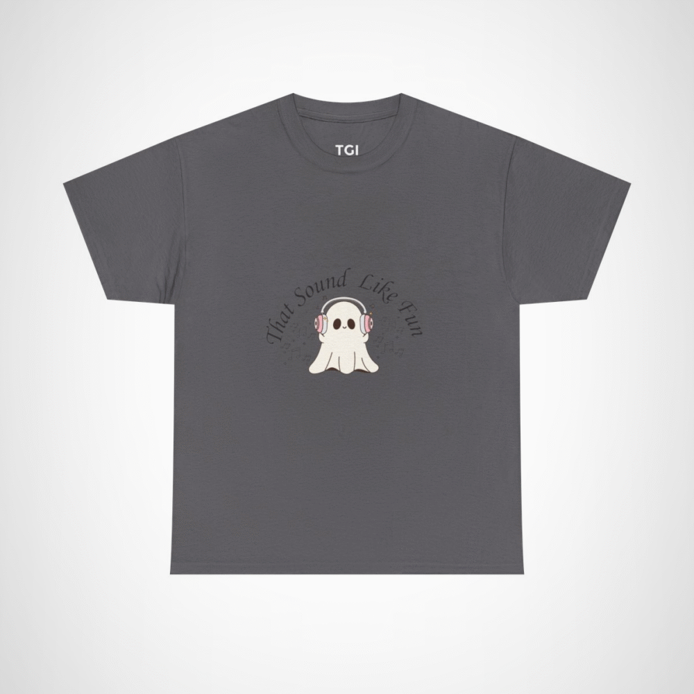 Cute Ghost with Headphones t-shirt design for Halloween and music lovers Charcoal colour