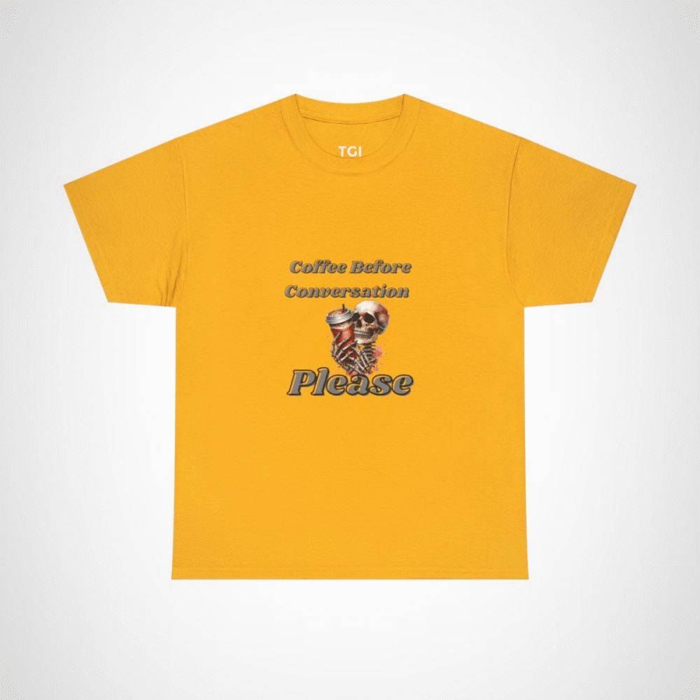 Skull design holding a coffee cup on a t-shirt for coffee lovers Gold colour