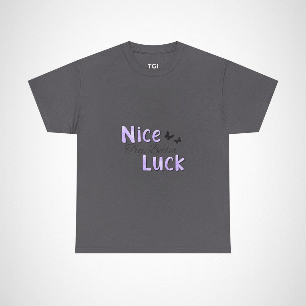 Nice Luck Positive Vibes T-Shirt in soft purple shades, featuring uplifting typography Charcoal colour