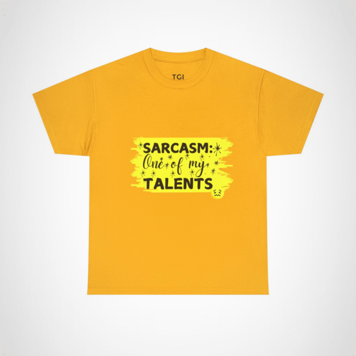 Sarcasm: One of My Talents t-shirt design featuring bold typography Gold colour