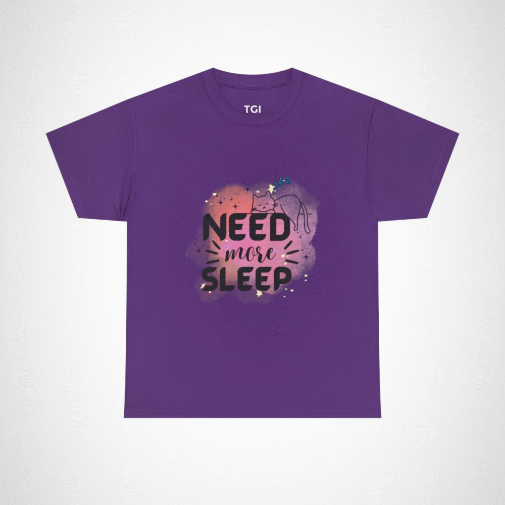 Need More Sleep Cat T-Shirt featuring a snoozing cat design Purple colour