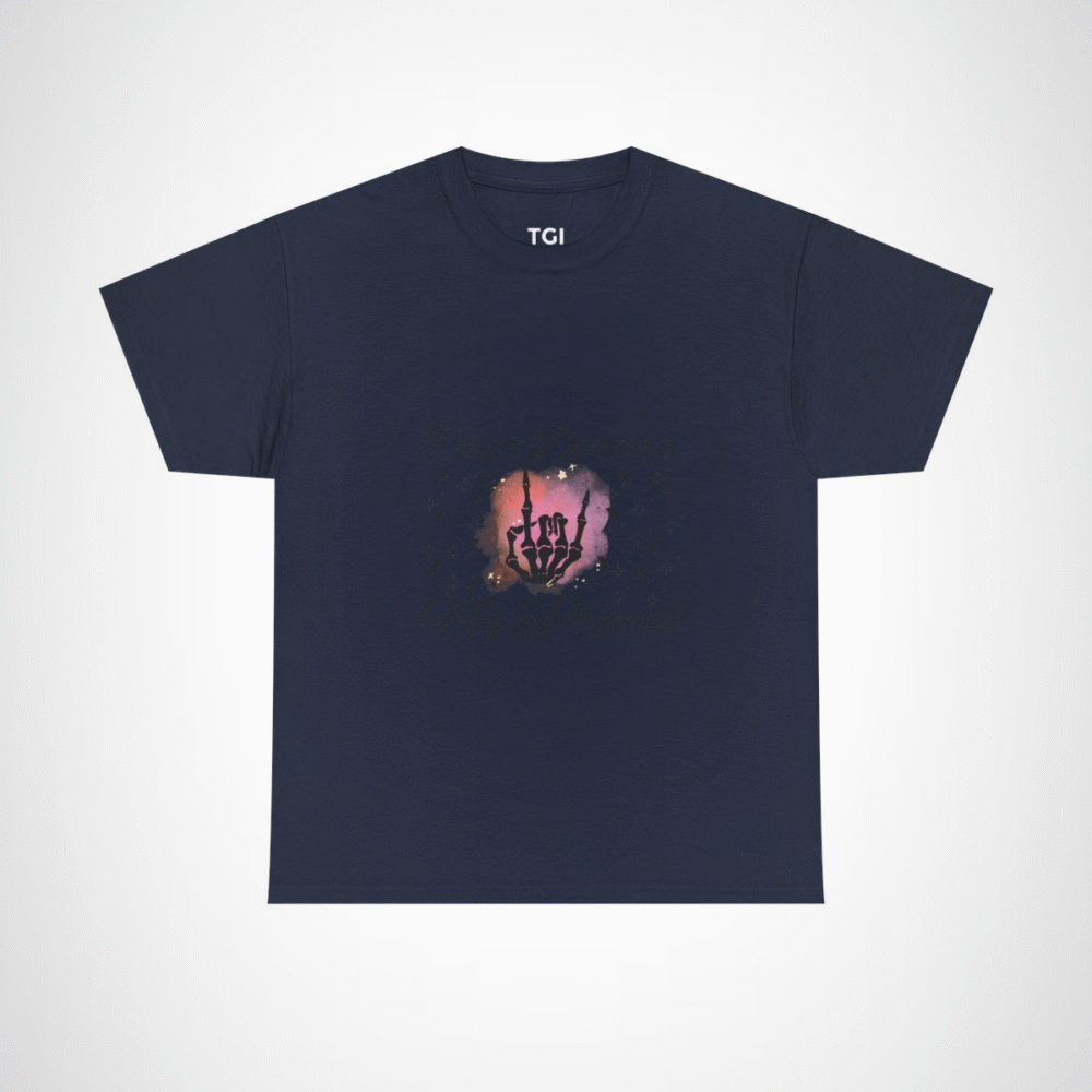 Radiant Skeleton Hand T-Shirt design on pastel background Navy colour
