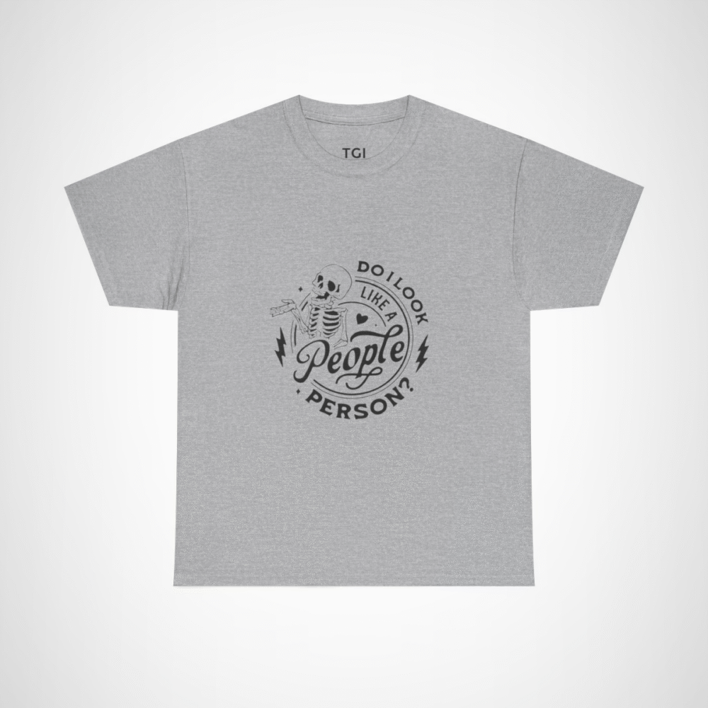 Funny Skeleton T-Shirt with the quote 'Do I Look Like A People Person?' Sport Grey colour