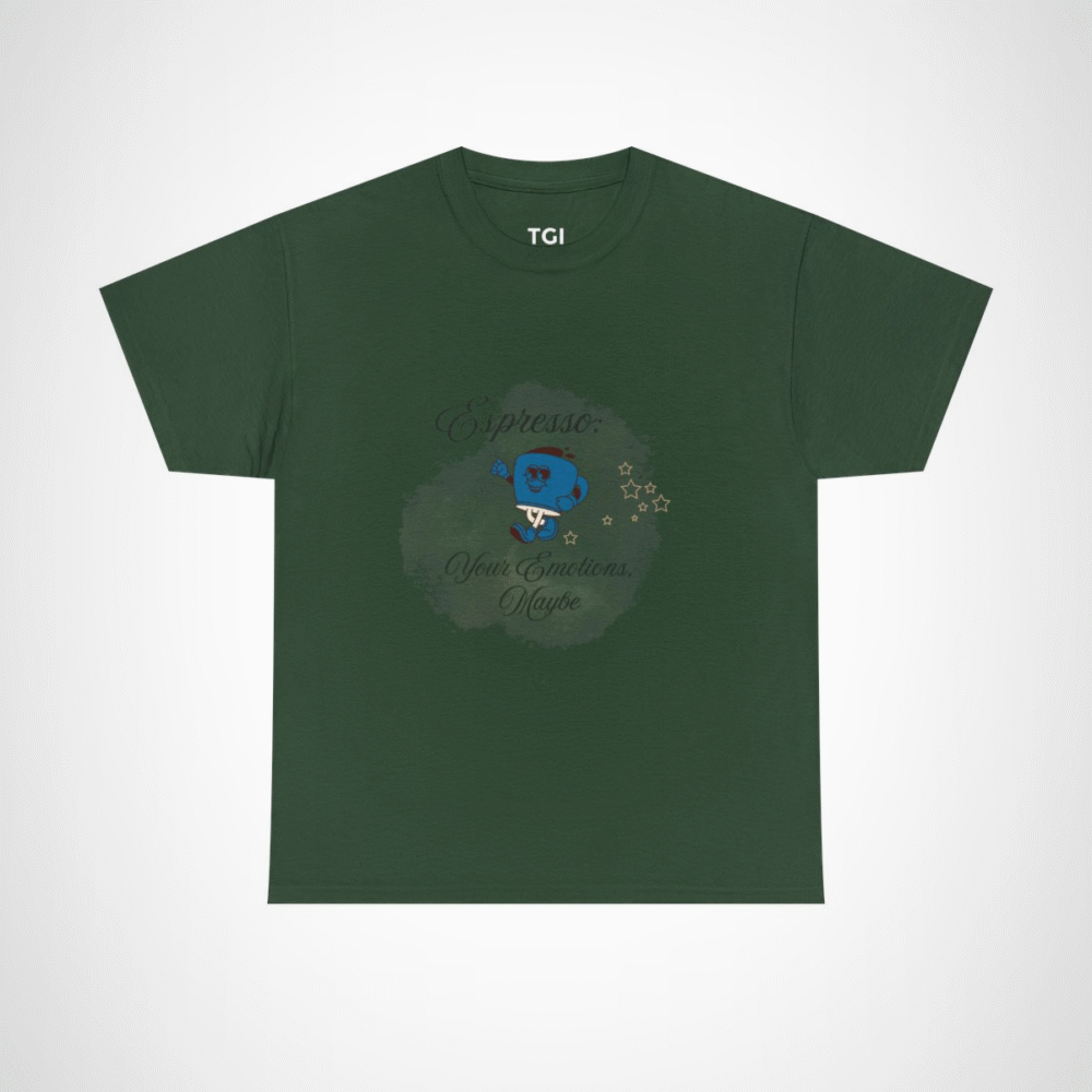 Cartoon coffee cup design on a t-shirt for coffee lovers Forest Green colour