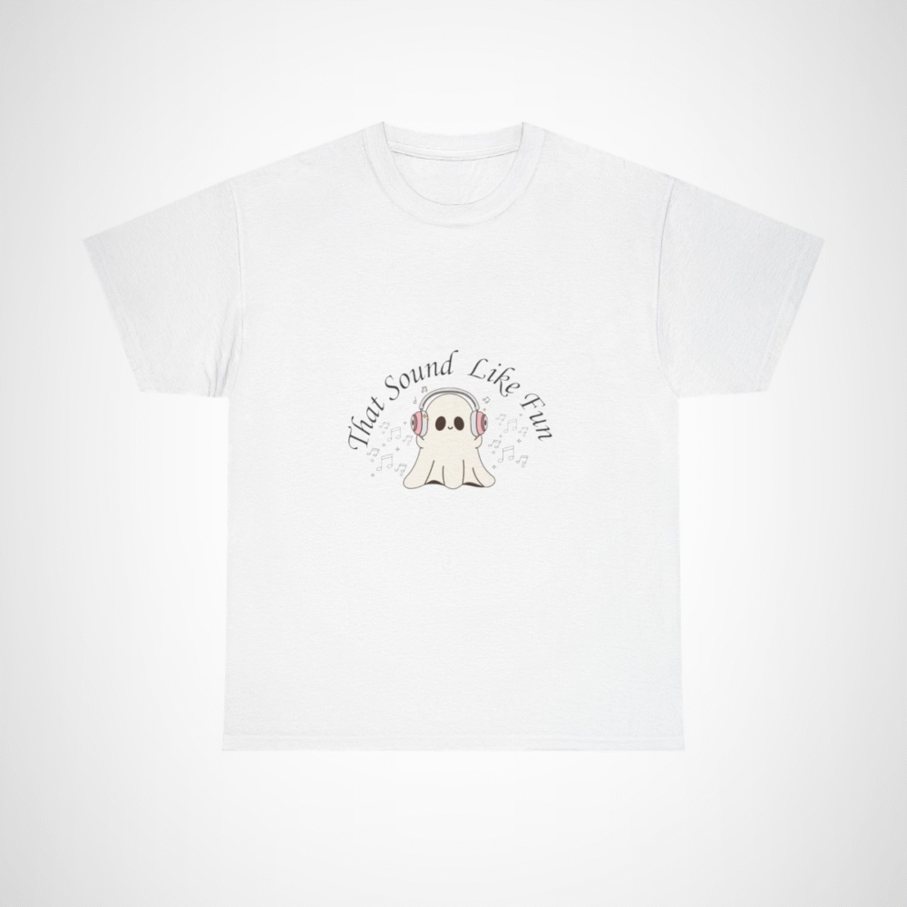 Cute Ghost with Headphones t-shirt design for Halloween and music lovers White colour