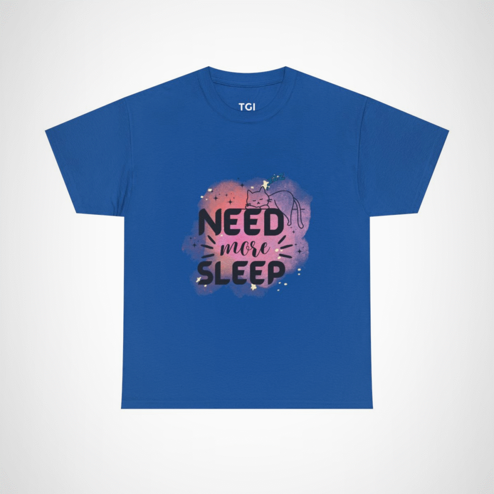 Need More Sleep Cat T-Shirt featuring a snoozing cat design Royal colour