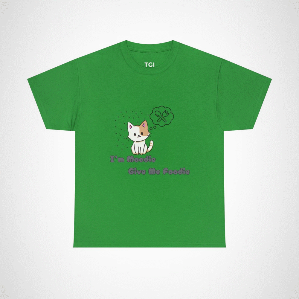 Cute 'I'm Moodie, Give Me Foodie' cat t-shirt for pet lovers, showcasing a playful design and soft fabric Irish Green colour