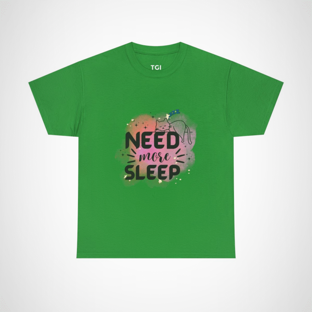 Need More Sleep Cat T-Shirt featuring a snoozing cat design Irish Green colour