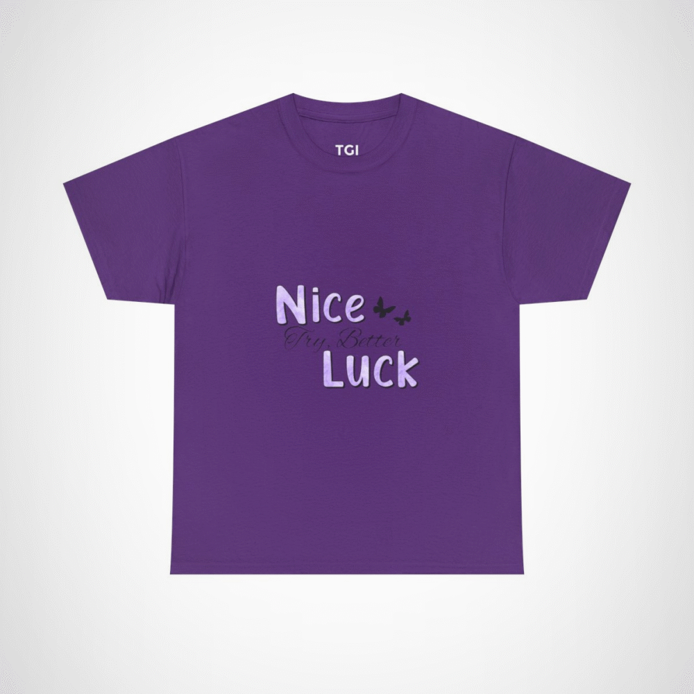 Nice Luck Positive Vibes T-Shirt in soft purple shades, featuring uplifting typography Purple colour