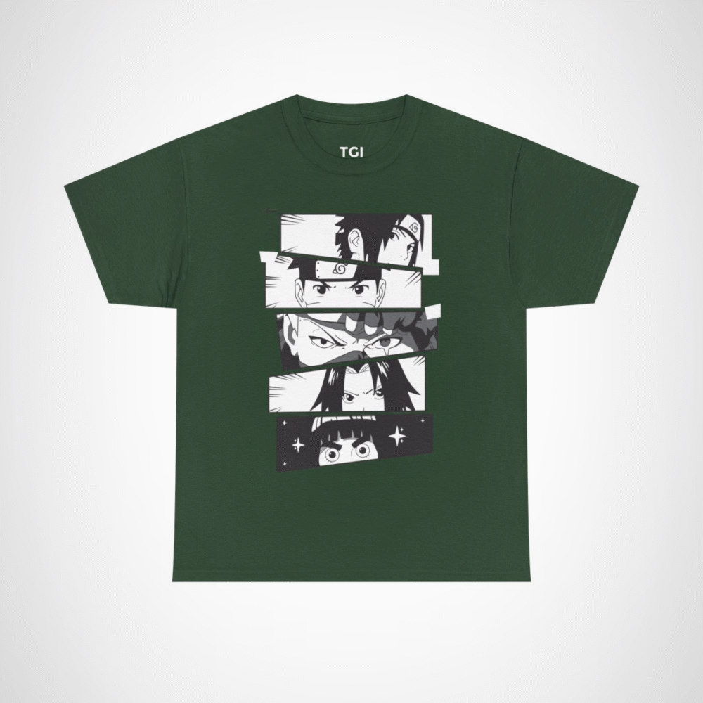 Vibrant anime faces collage on cotton t-shirt Forest Green colour