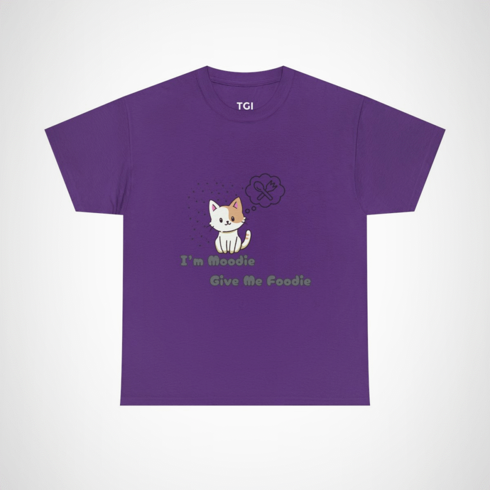 Cute 'I'm Moodie, Give Me Foodie' cat t-shirt for pet lovers, showcasing a playful design and soft fabric Purple colour