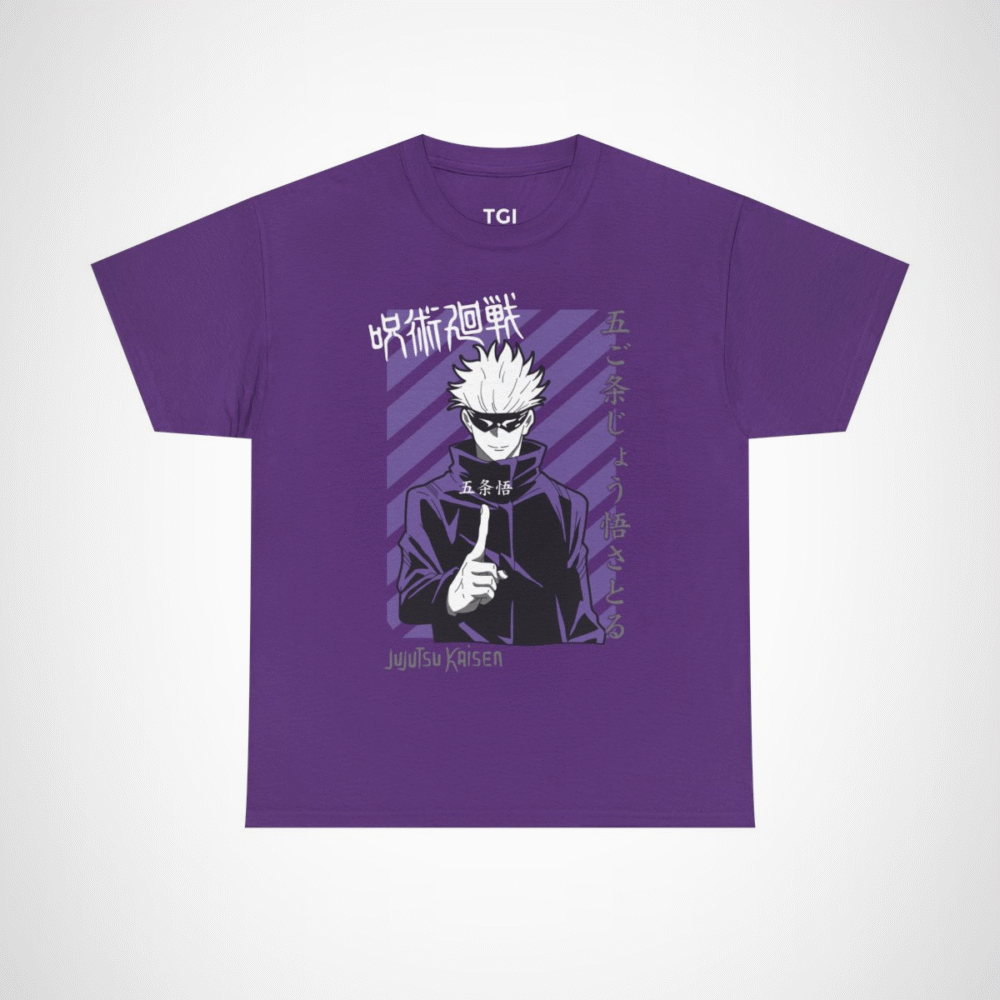 Jujutsu Kaisen Gojo Satoru T-Shirt design featuring anime character Purple colour