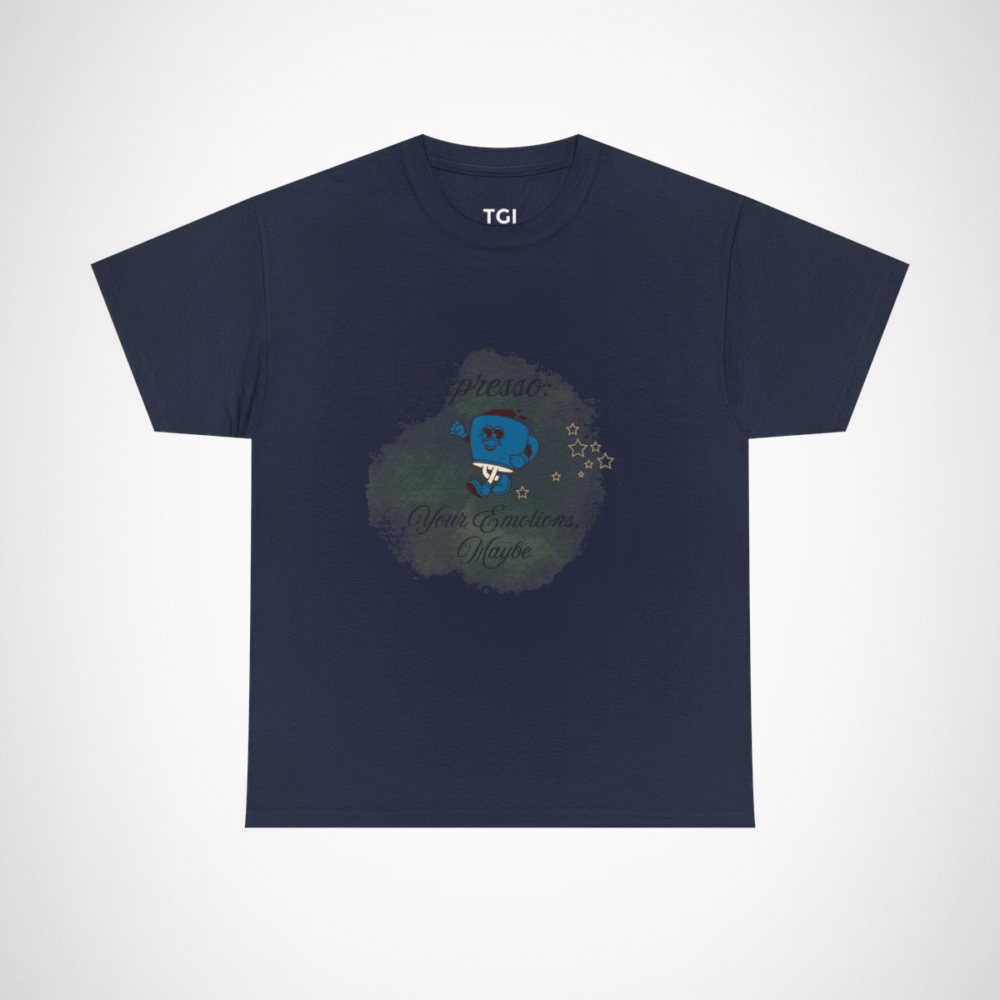Cartoon coffee cup design on a t-shirt for coffee lovers Navy colour