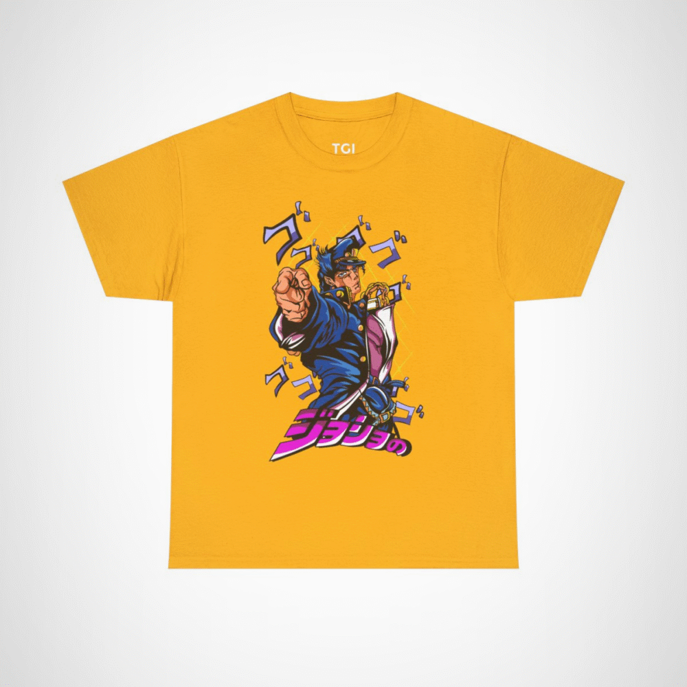 JoJo's Bizarre Adventure inspired character t-shirt with dynamic artwork Gold colour