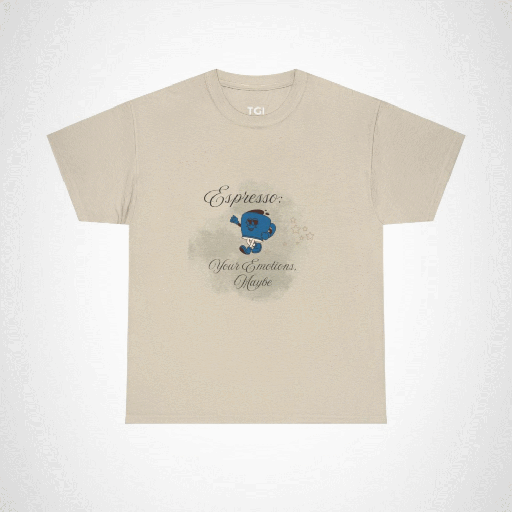 Cartoon coffee cup design on a t-shirt for coffee lovers Sand colour