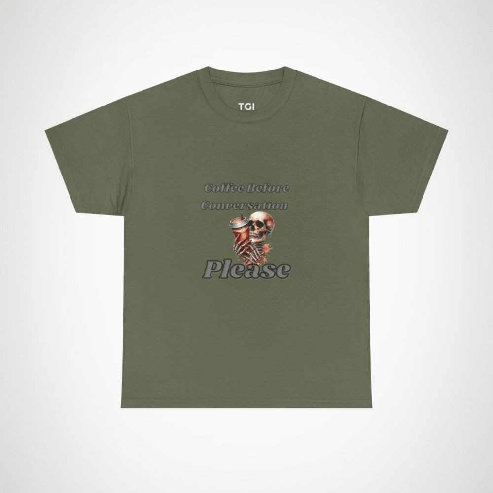 Skull design holding a coffee cup on a t-shirt for coffee lovers Military Green colour