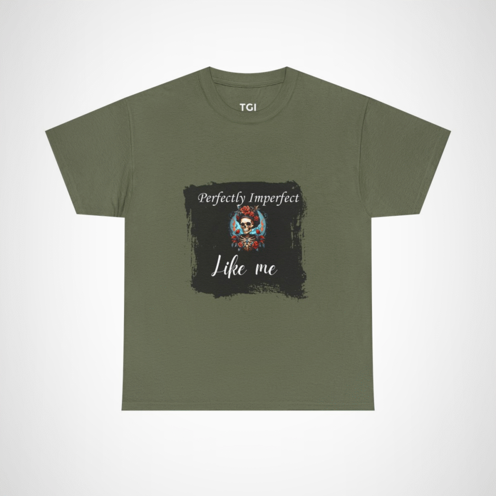 Perfectly Imperfect Skull T-Shirt featuring a skull adorned with roses Military Green colour