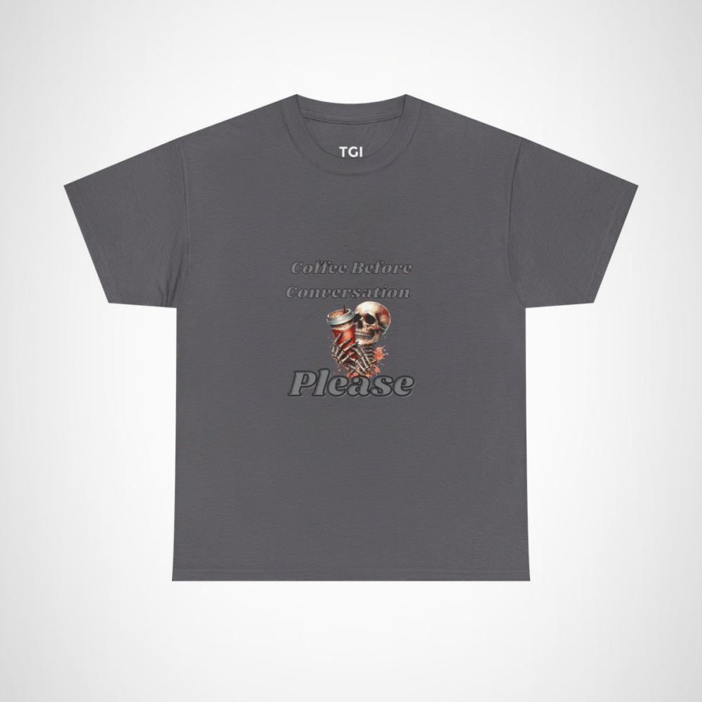 Skull design holding a coffee cup on a t-shirt for coffee lovers Charcoal colour