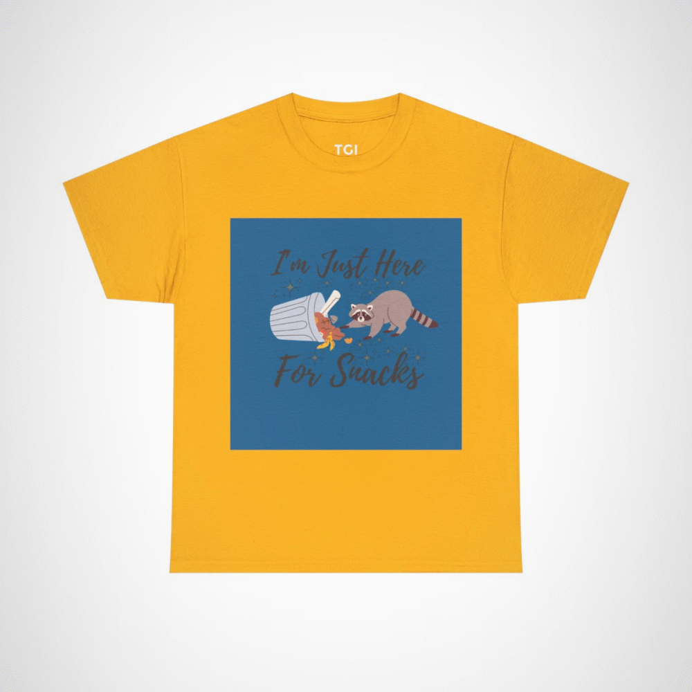 Adorable raccoon design on I'm Just Here for Snacks t-shirt Gold colour