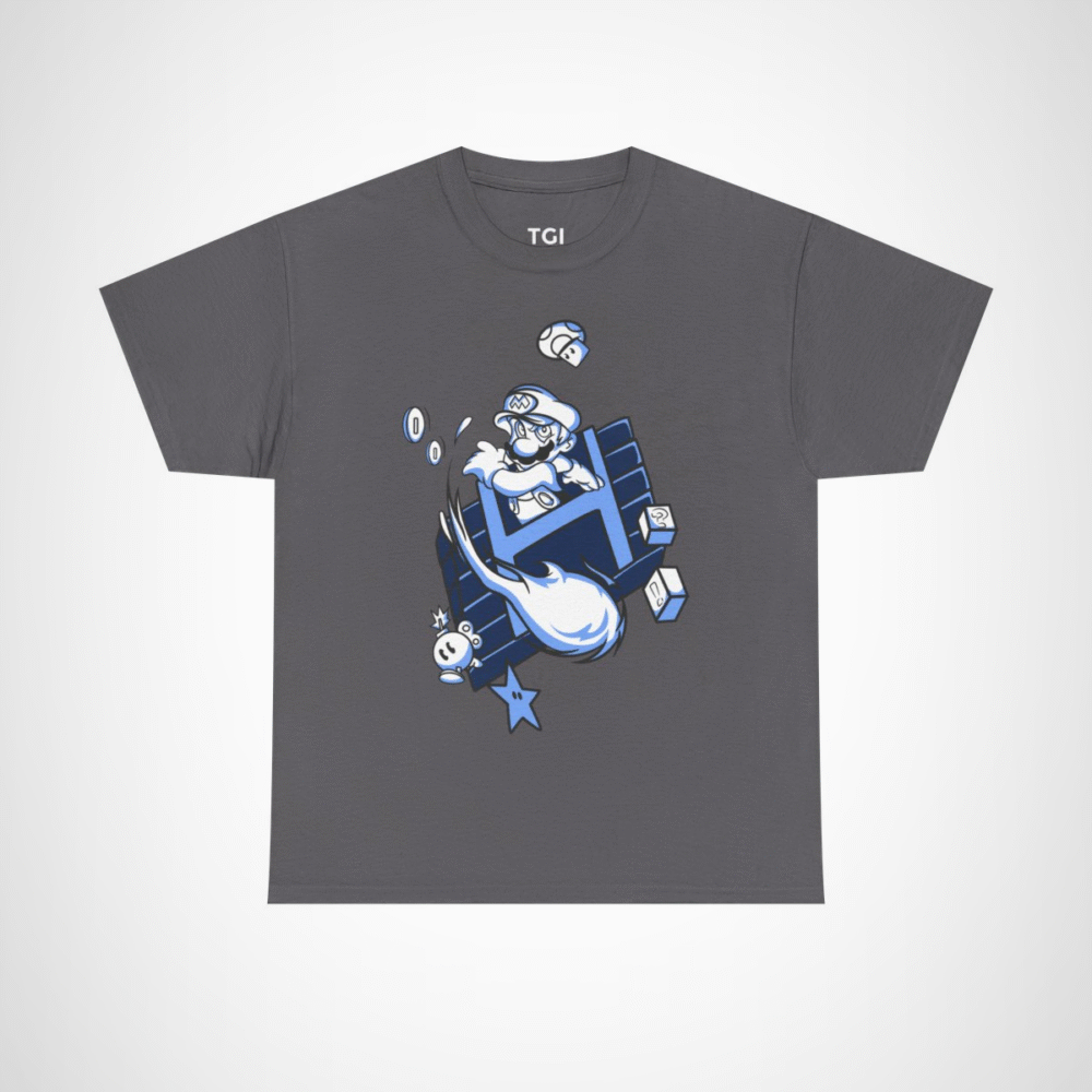 Retro Gamer Mario T-Shirt with vibrant design and gaming elements Charcoal colour
