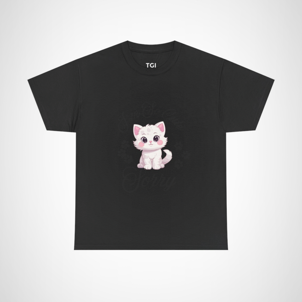 Charming graphic tee featuring an adorable white cat for cat lovers Black colour