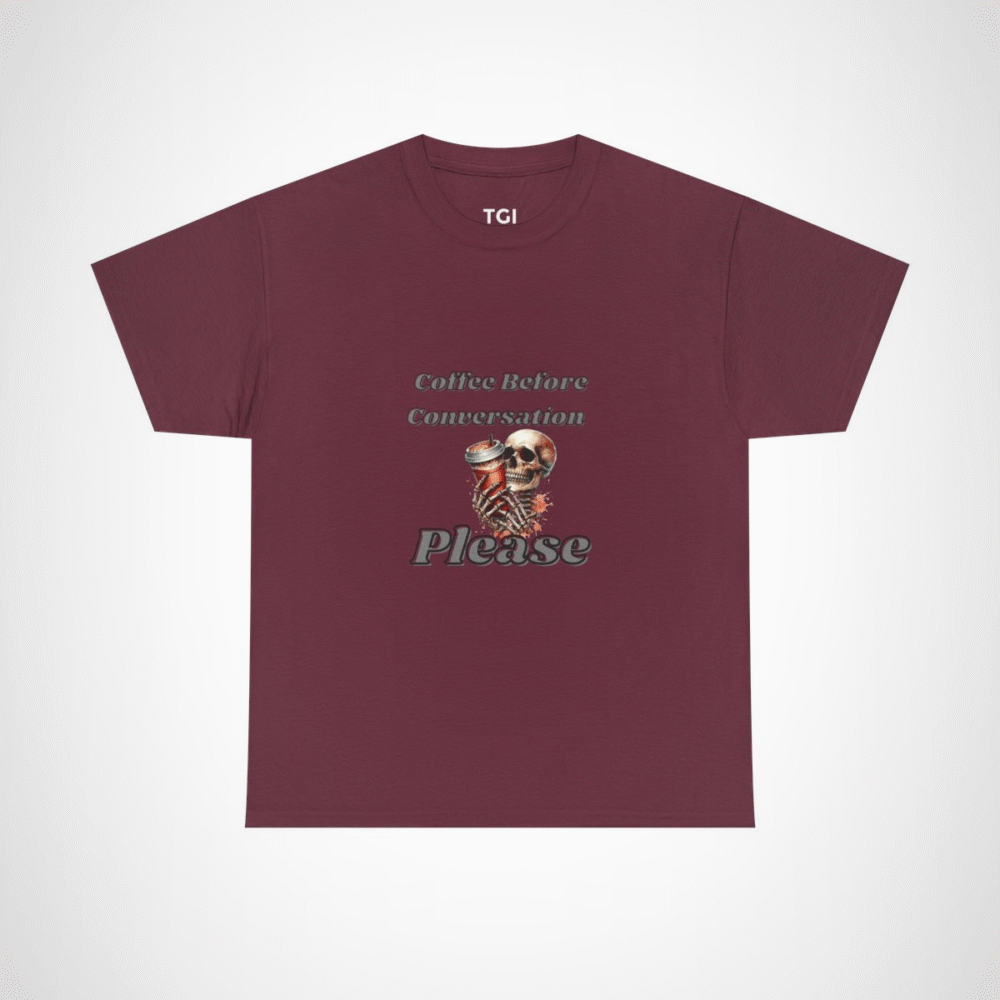 Skull design holding a coffee cup on a t-shirt for coffee lovers Maroon colour