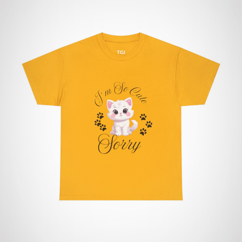 Charming graphic tee featuring an adorable white cat for cat lovers Gold colour